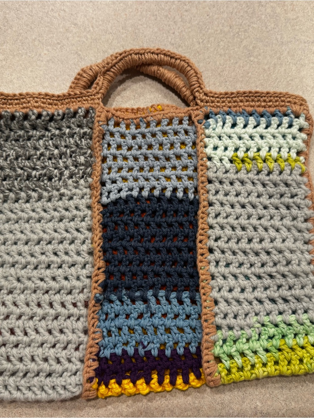 Handmade Multicolor Crochet Tote Bag - Neutral & Accent Panels